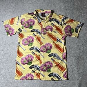 OAF Nation Shirt Men Large Yellow Hawaiian Revolver All Over Print Short Sleeve